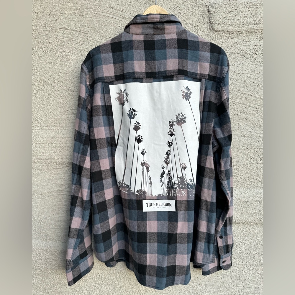 True Religion Palm Tree Check Plaid Long Sleeve Button Down Shirt. NWT. Size- XL